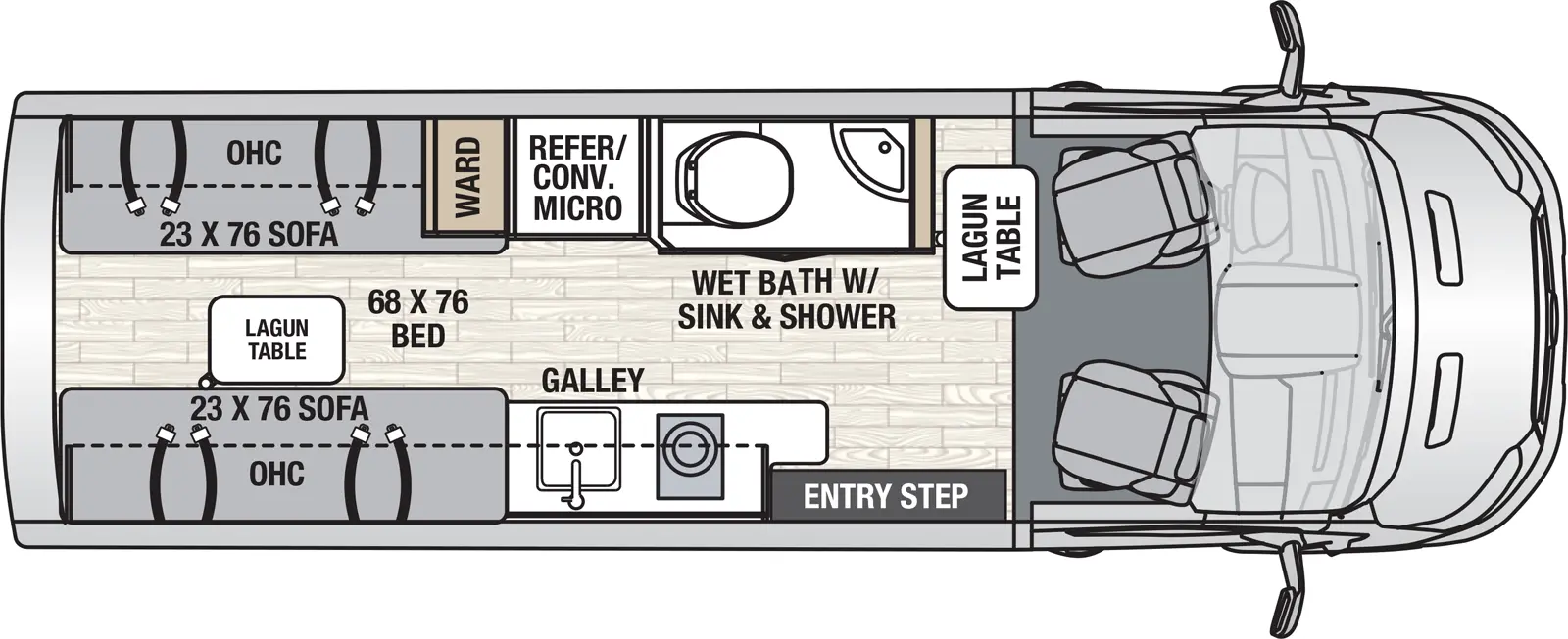 The Beyond 22D  has 0 slideouts and 1 entry door and rear doors. Interior layout from front to back; lagun table; door side Galley kitchen with LP cooktop and sink near entry; off door wet bath with toilet, convection microwave and refrigerator and wardrobe next to jump seat with overhead cabinets; door side 23 inch by 76 inch sofa with overhead cabinets; off-door side 23 inch by 76 inch sofa with overhead cabinets; lagun table; 68 inch by 76 inch bed from sofas